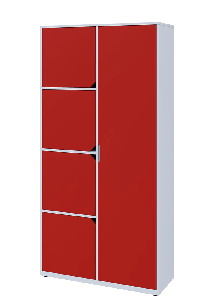 KSR6-82 P skříň šatní, 1x výsuvné ramínko, 4x dvířka, 2053x1022x400 mm, provedení pravé, bílá sněžná/červená